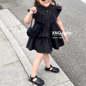 y035 - Korean children's clothing girls summer dress net red children foreign style fashionable black high-level sense of small flying sleeve skirt tide - 图片 5