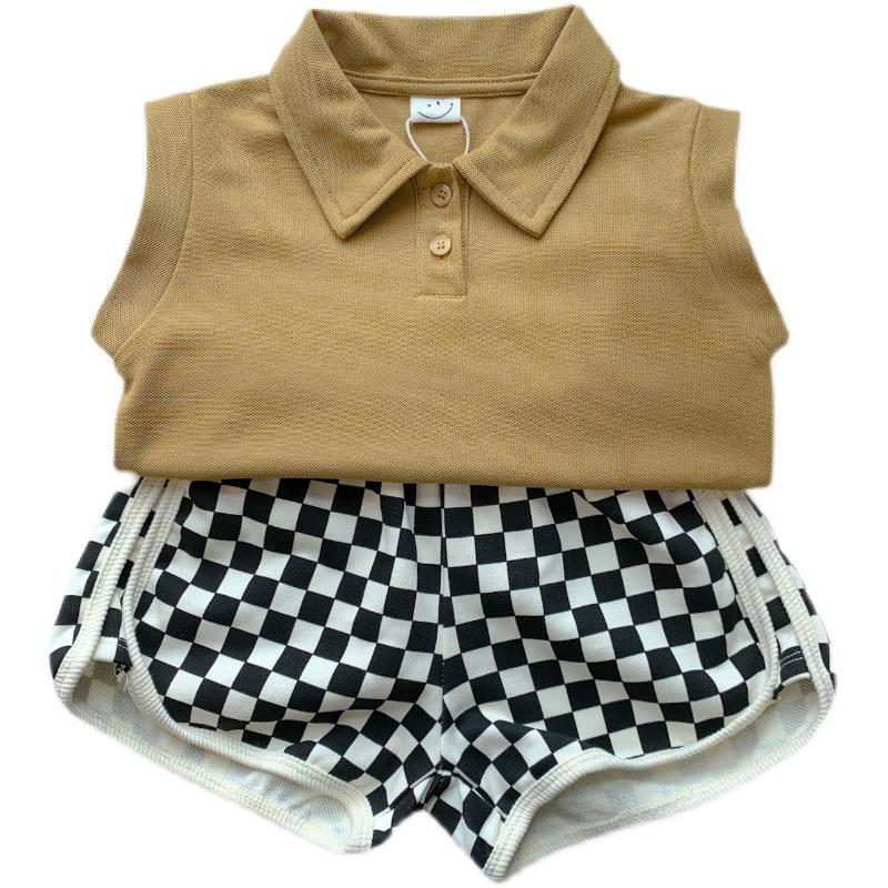 y033 - Korean children's clothing boys summer sports suit children's solid color tops shorts girls foreign style fashionable two-piece suit - Image 2