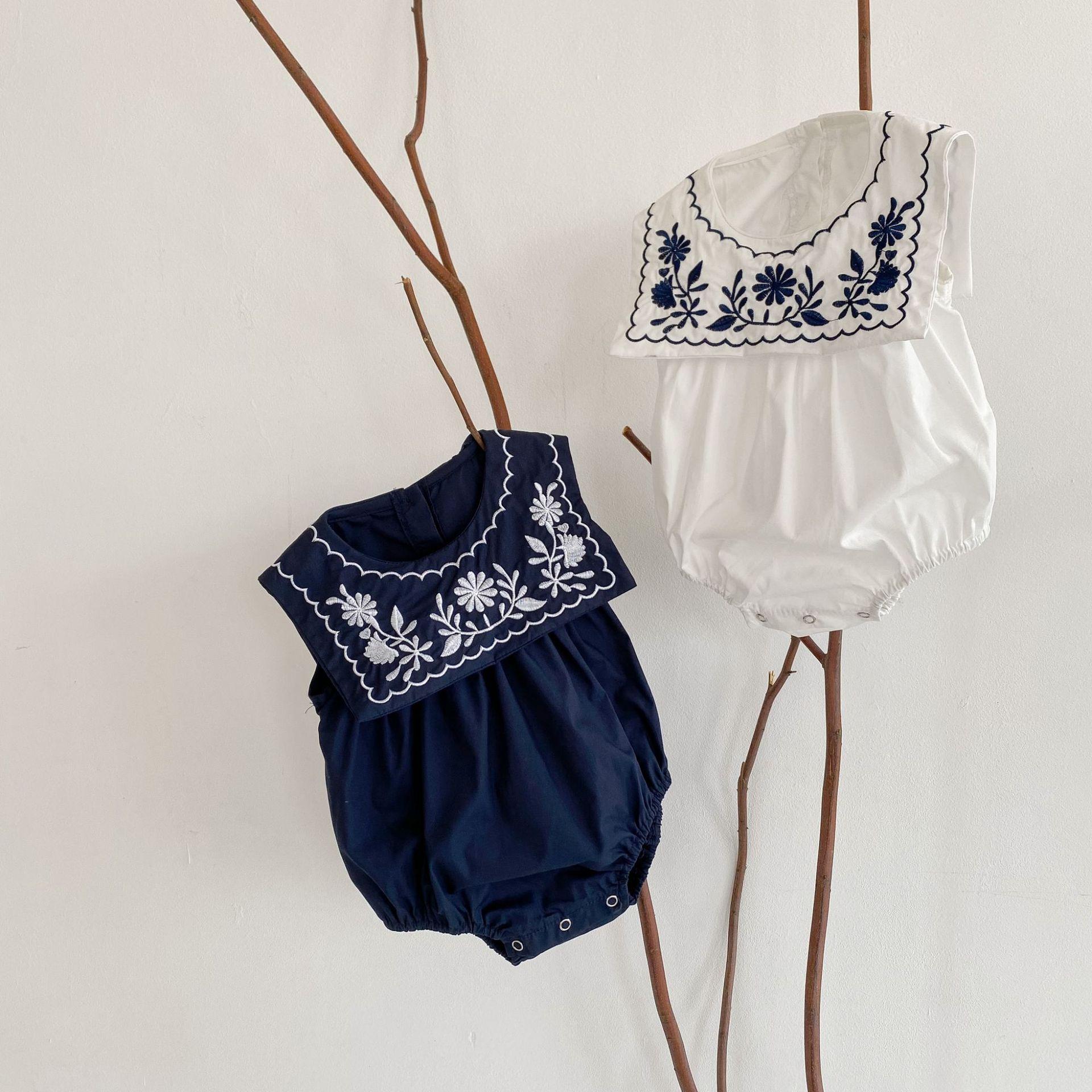 y020 - ins2023 summer style cool pure navy collar embroidered sleeveless romper baby girl jumpsuit jumpsuit for infants and young children - Image 2