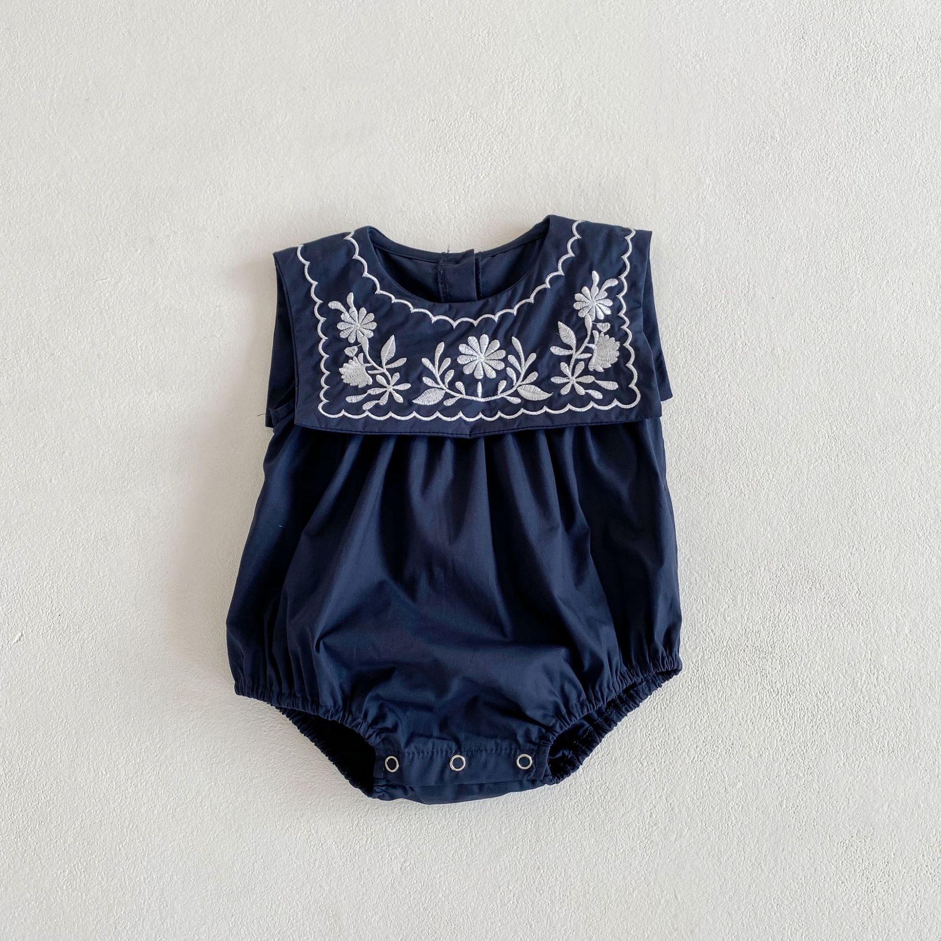 y020 - ins2023 summer style cool pure navy collar embroidered sleeveless romper baby girl jumpsuit jumpsuit for infants and young children - Image 5