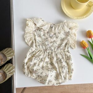 y046 - ins2023 summer new retro floral baby romper lace flying sleeves cute baby girl one-piece jumpsuit - 图片 4