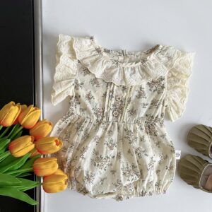 y046 - ins2023 summer new retro floral baby romper lace flying sleeves cute baby girl one-piece jumpsuit - 图片 3