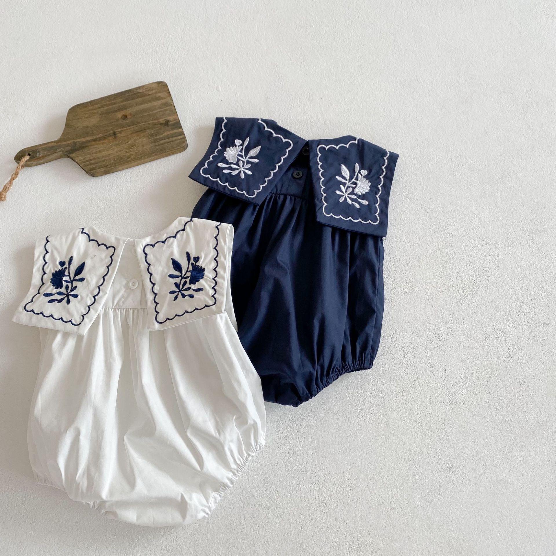 y020 - ins2023 summer style cool pure navy collar embroidered sleeveless romper baby girl jumpsuit jumpsuit for infants and young children - Image 3