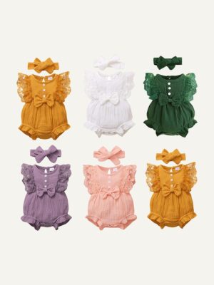 y014 - Ins young baby girls candy color lace bag fart romper princess dress jumpsuit headband - 图片 1