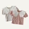 y016 - Ins Korean version of baby girl summer new top fashionable foreign style sweet lace large lapel casual short-sleeved T-shirt - Image 2