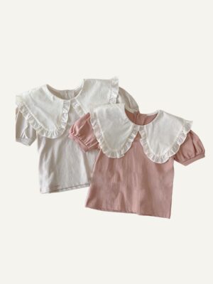 y016 - Ins Korean version of baby girl summer new top fashionable foreign style sweet lace large lapel casual short-sleeved T-shirt - 图片 2