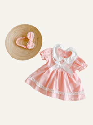 y022 - ins2023 summer baby girl baby pink doll collar puff sleeve cotton triangle romper romper skirt - 图片 1