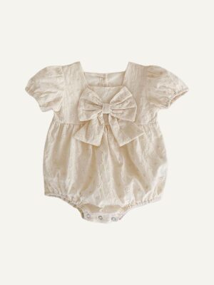 y025 - Ins summer infant and child jumpsuit girl baby big bow short-sleeved cotton embroidery triangle romper crawling - 图片 1