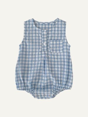 y026 - Ins summer infants and young children male and female baby small plaid pocket vest cotton romper one-piece triangle crawling suit - 图片 1