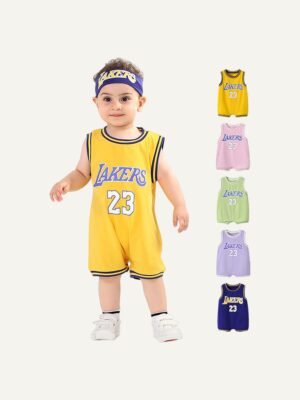 y030 - Summer new children's clothing baby sleeveless printed letters blue ball casual sports climbing clothing one-piece romper outdoor clothing - 图片 1