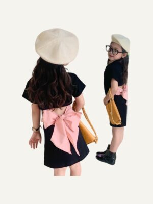 y038 - Korean girls' summer dress with bow tie backless dress 2023 new children's skirt polo collar T-shirt skirt foreign style - 图片 1