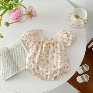 y115 - CHILD JUMPSUIT GIRL BABY BIG BOW SHORT-SLEEVED COTTON EMBROIDERY TRIANGLE ROMPER CRAWLING