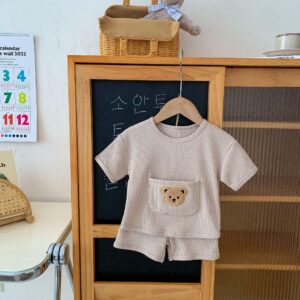 y121 - Short Sleeve Cute Bear Big Pocket Suit Set - Image 4