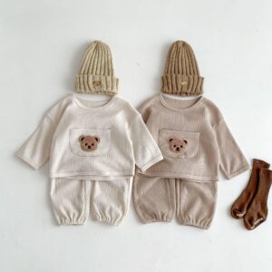 y122 - Long Sleeve Cute Bear Big Pocket Suit Set - 图片 5