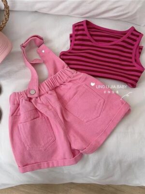 y168 - Striped Tank Top and Bib Shorts Two-Piece Set - 图片 3