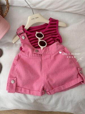 y168 - Striped Tank Top and Bib Shorts Two-Piece Set - 图片 1