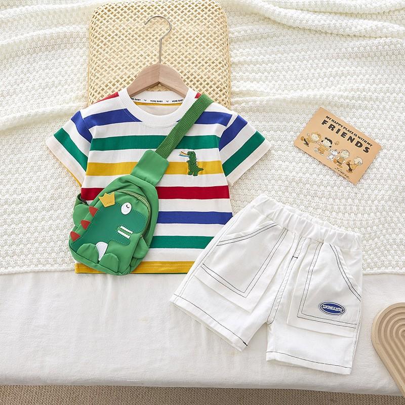 y170 - Rainbow Striped T-shirt + White Shorts - Image 1