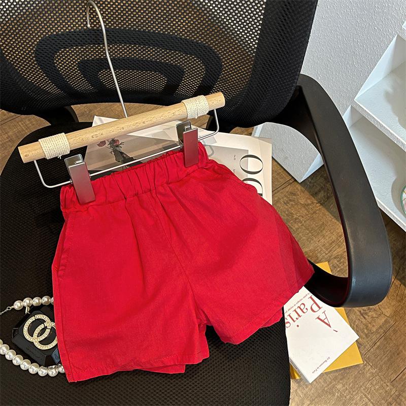 y209 - CNY Collections ( Girls ) _ Apricot Embroidered Suspenders + Red Shorts Suit - Image 4
