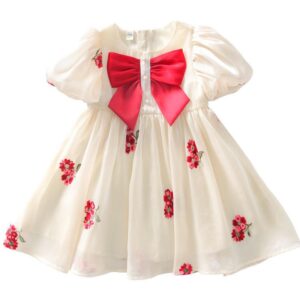 y194 - CNY Collections ( Girls ) _ Embroidered Puff Sleeves and Bow Princess Dress - 图片 1