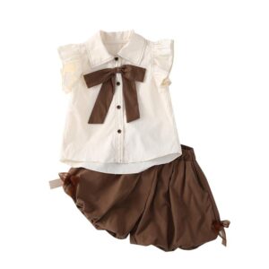 y208 - CNY Collections ( Girls ) _ Flying Sleeve Ribbon Shirt + Brown Shorts Suit - 图片 2