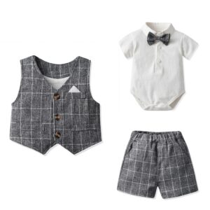 y241 - Short Sleeve Plaid Vest Three-Piece Suit - 图片 2