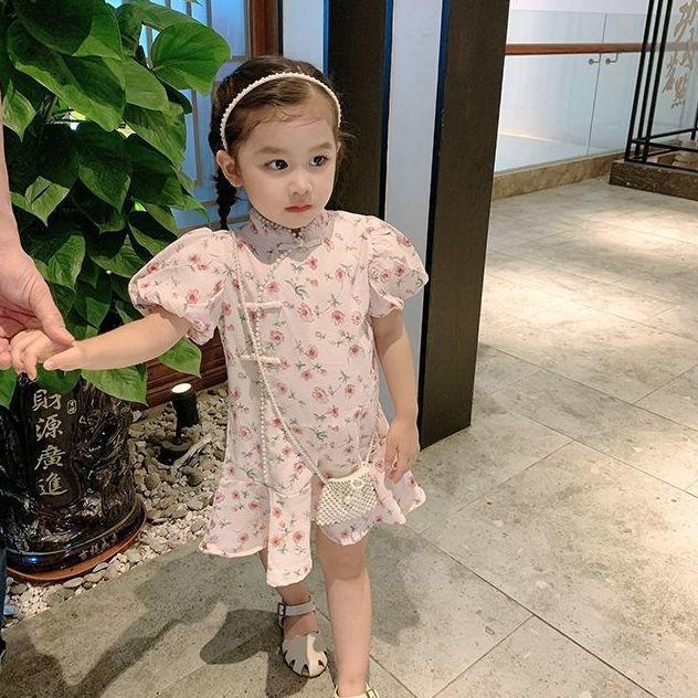 y196 - CNY Collections ( Girls ) _ Floral Pink Puff Sleeves Cheongsam - Image 1