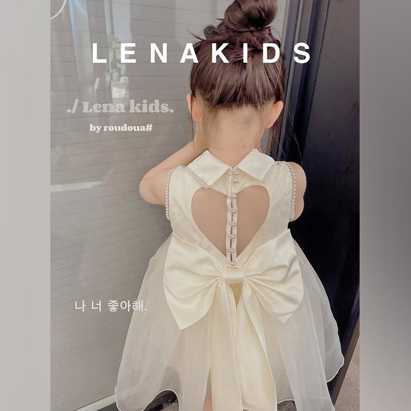 y216 - CNY Collections ( Girls ) _ Beige Bow Heart Backless Dress - Image 1