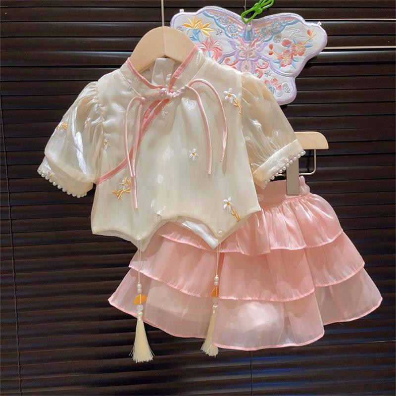 y200 - CNY Collections ( Girls ) _ Buttoned Short-Sleeved Shirt and Skirt Suit - Image 1