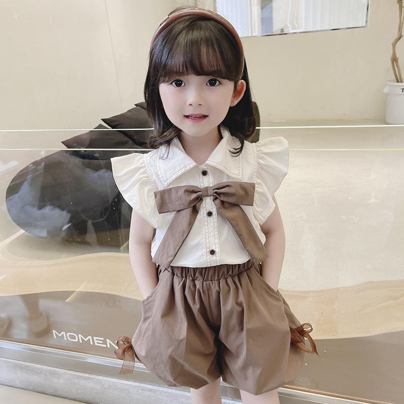 y208 - CNY Collections ( Girls ) _ Flying Sleeve Ribbon Shirt + Brown Shorts Suit - Image 1