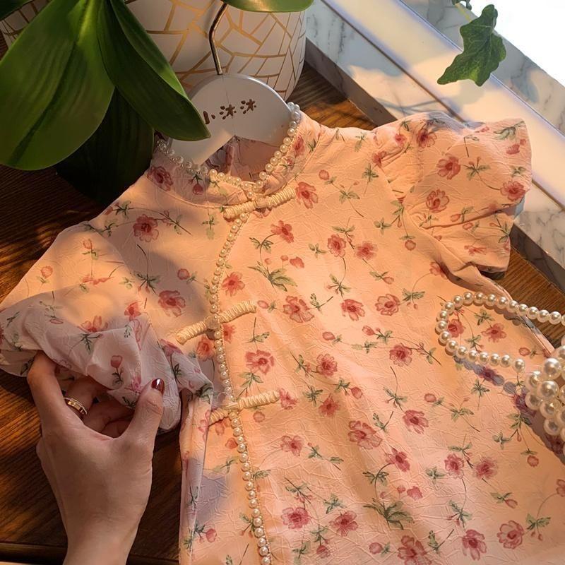 y196 - CNY Collections ( Girls ) _ Floral Pink Puff Sleeves Cheongsam - Image 3
