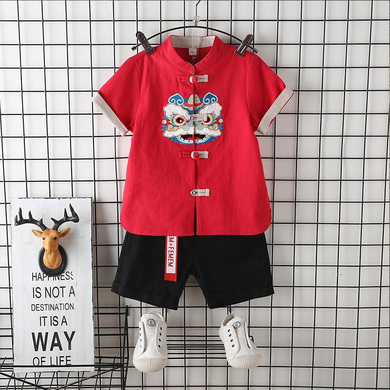 y236 - CNY Collections ( Boys ) - Red Lion Dance Head Shirt + Black Pants - 图片 1