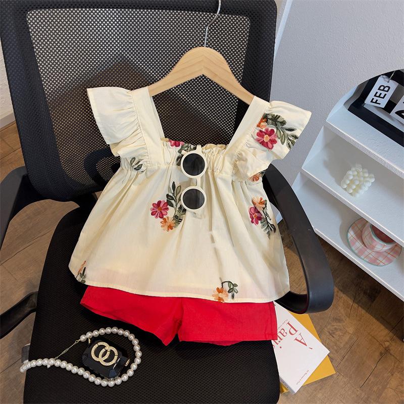 y209 - CNY Collections ( Girls ) _ Apricot Embroidered Suspenders + Red Shorts Suit - Image 1