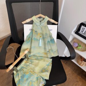 y221 - CNY Collections ( Girls ) _ Green Chinese Style Cheongsam Two-Piece Suit - Image 1