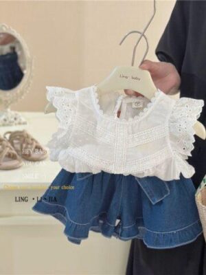 y264 - Hollow Edge Lace Ruffle Sleeves Clothes + Denim Pantskirt - 图片 4