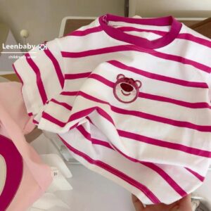 y265 - Pink Striped Strawberry Bear Embroidered T-Shirt - 图片 1