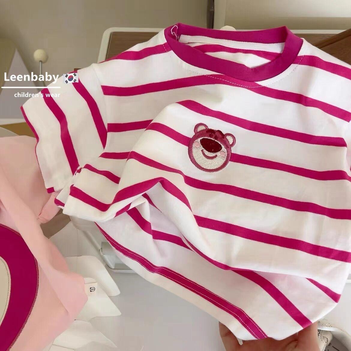 y265 - Pink Striped Strawberry Bear Embroidered T-Shirt - Image 1