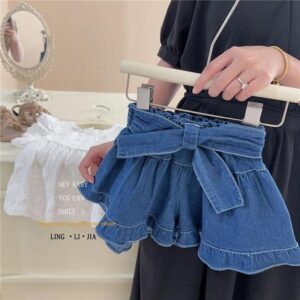 y264 - Hollow Edge Lace Ruffle Sleeves Clothes + Denim Pantskirt - 图片 2