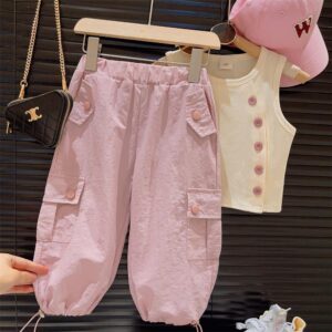 y275 - Beige Lrregular Slant Button Vest  + Purple Cargo Trousers - 图片 3