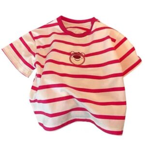 y265 - Pink Striped Strawberry Bear Embroidered T-Shirt - 图片 2
