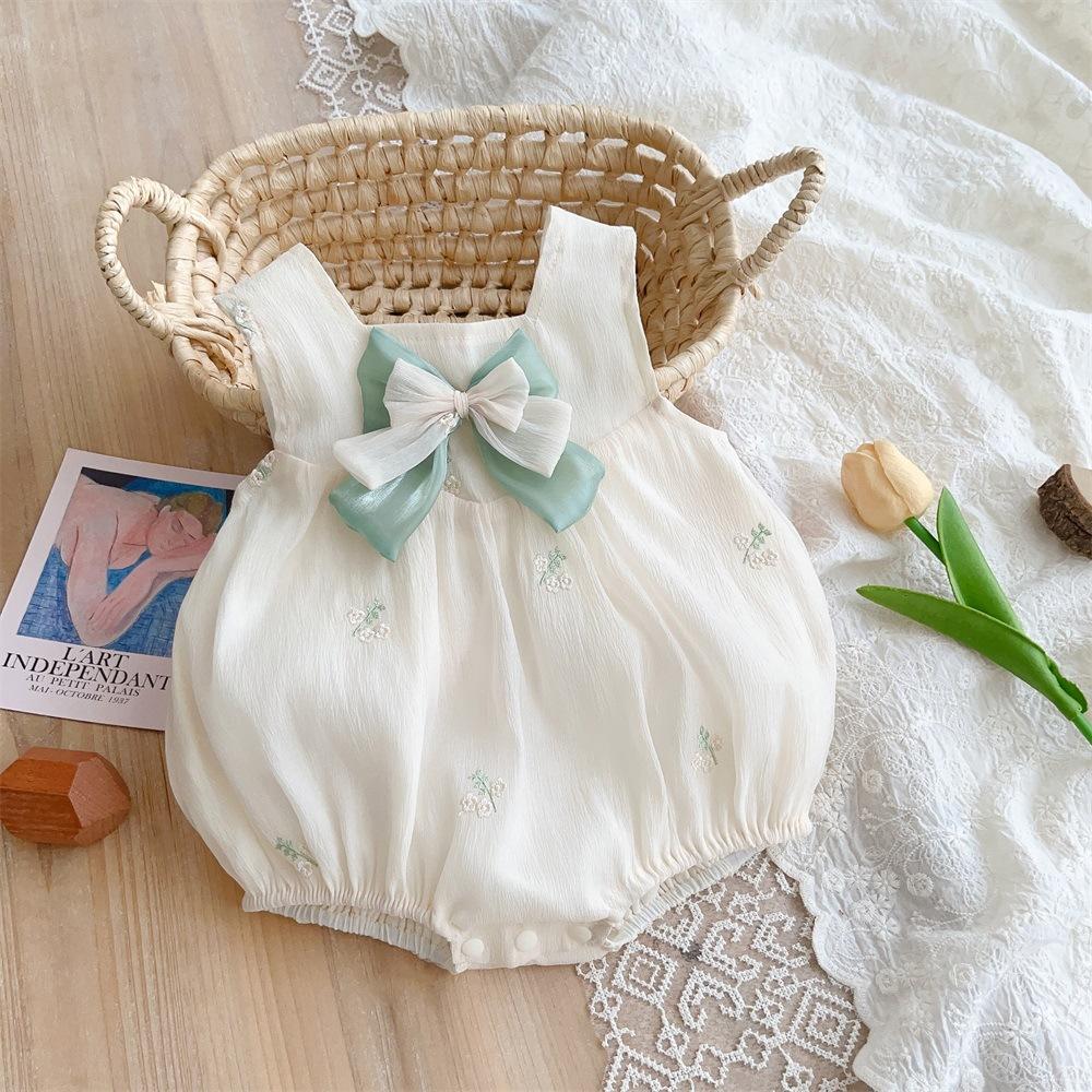 y289 - Green Bow Baby Beige Romper - Image 1