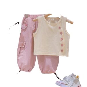 y275 - Beige Lrregular Slant Button Vest  + Purple Cargo Trousers - 图片 4