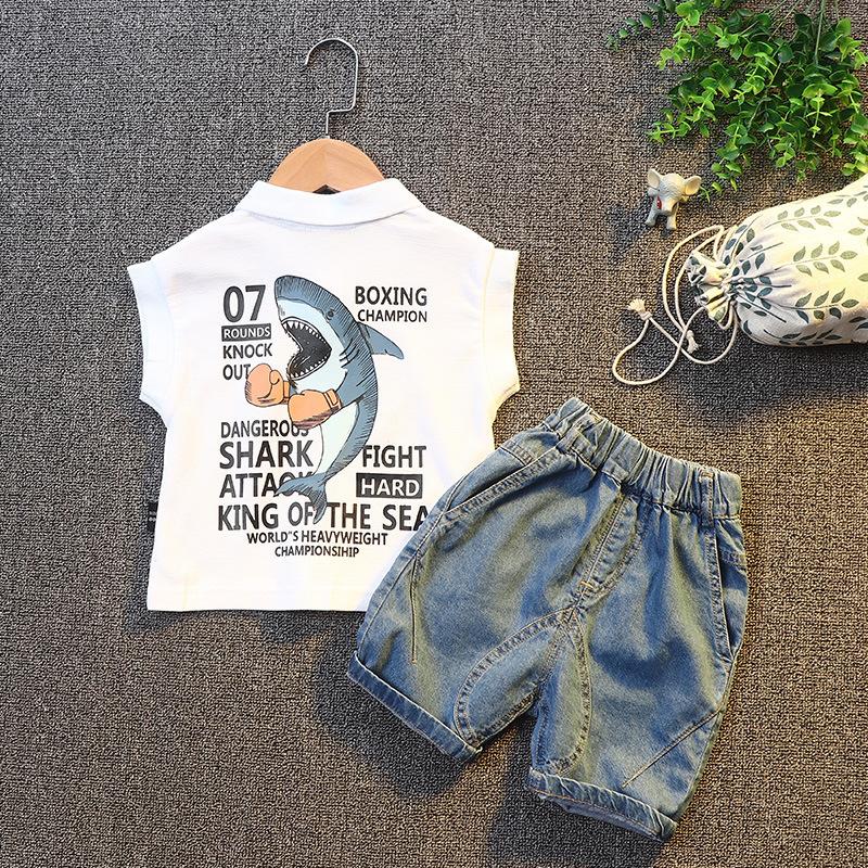 y327 - Boys Shark Short-Sleeved Lapel T-shirt + Jeans Two-Piece Set - Image 2