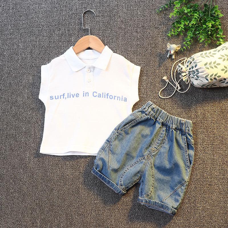 y327 - Boys Shark Short-Sleeved Lapel T-shirt + Jeans Two-Piece Set - Image 1