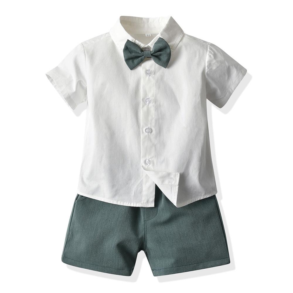 y314 - Boys Short-Sleeved White Shirt Overalls Suit - 图片 1