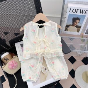 y312 - Girls Tulip Sleeveless Top + Pants Two-piece Set - 图片 3