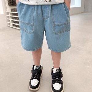 y320 - Boys Solid Color Casual Denim Shorts - 图片 3