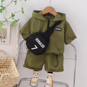 y329 - Boys Half-Zip Hooded Short-Sleeved Suit With Sling Bag - 图片 2