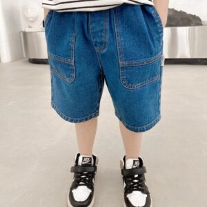 y320 - Boys Solid Color Casual Denim Shorts - 图片 2