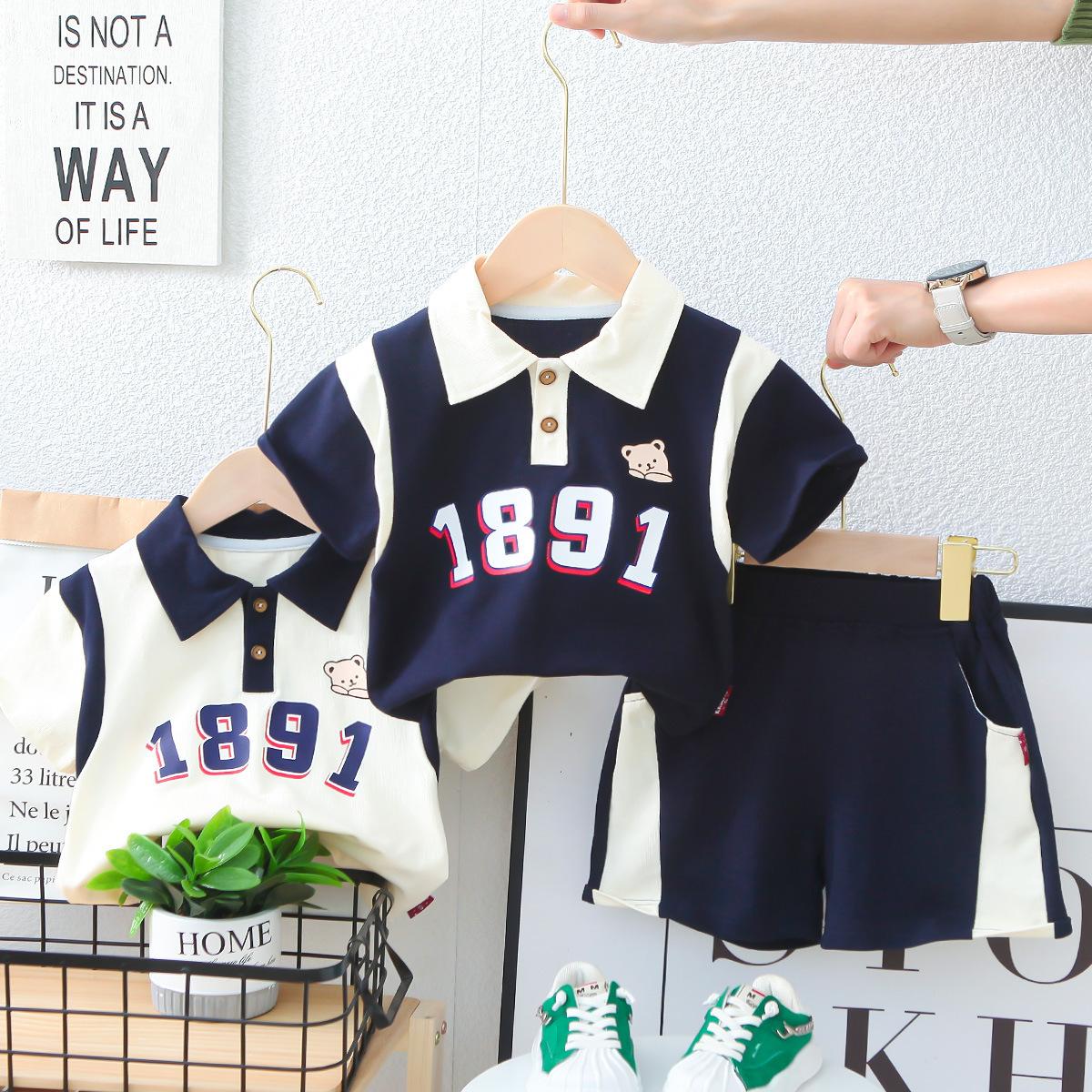 y330 - Boys Contrast Lapel Polo Shirt Short Sleeve Suit - Image 1