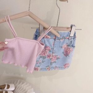 y350 - Camisole Top And Denim Skirt Two-Piece Set - 图片 2